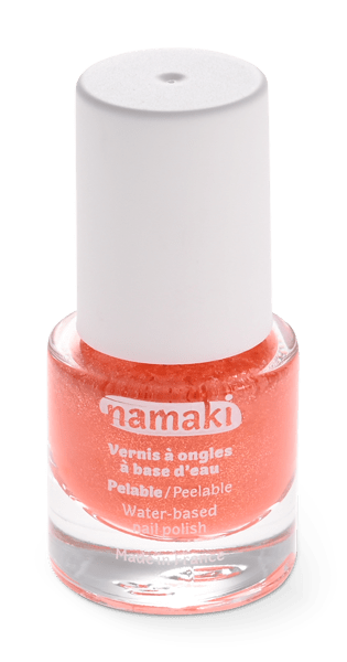 Explora el frasco pequeño del esmalte de uñas al agua de Namaki del Pack 3 pintauñas al agua Sol de verano, con tapón blanco y tono naranja vibrante con Peelable y Vernis à ongles à base deau en la etiqueta. Mientras compras, aprovecha las ofertas en parafarmacia infantil para otros productos esenciales.