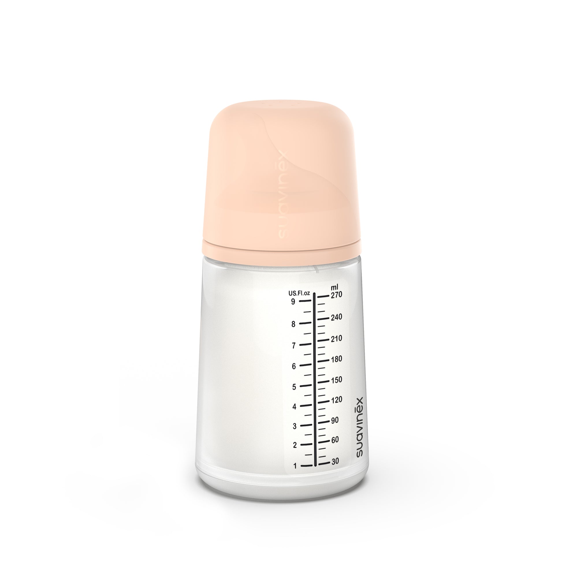 Un Suavinex Biberón Anticólicos ZERO ZERO 270ml Flujo Medio (M) con tapa beige muestra las medidas en ml y oz, permitiendo ver el contenido. Ideal para maridar con productos para bebés con entrega en Mallorca para máxima comodidad.