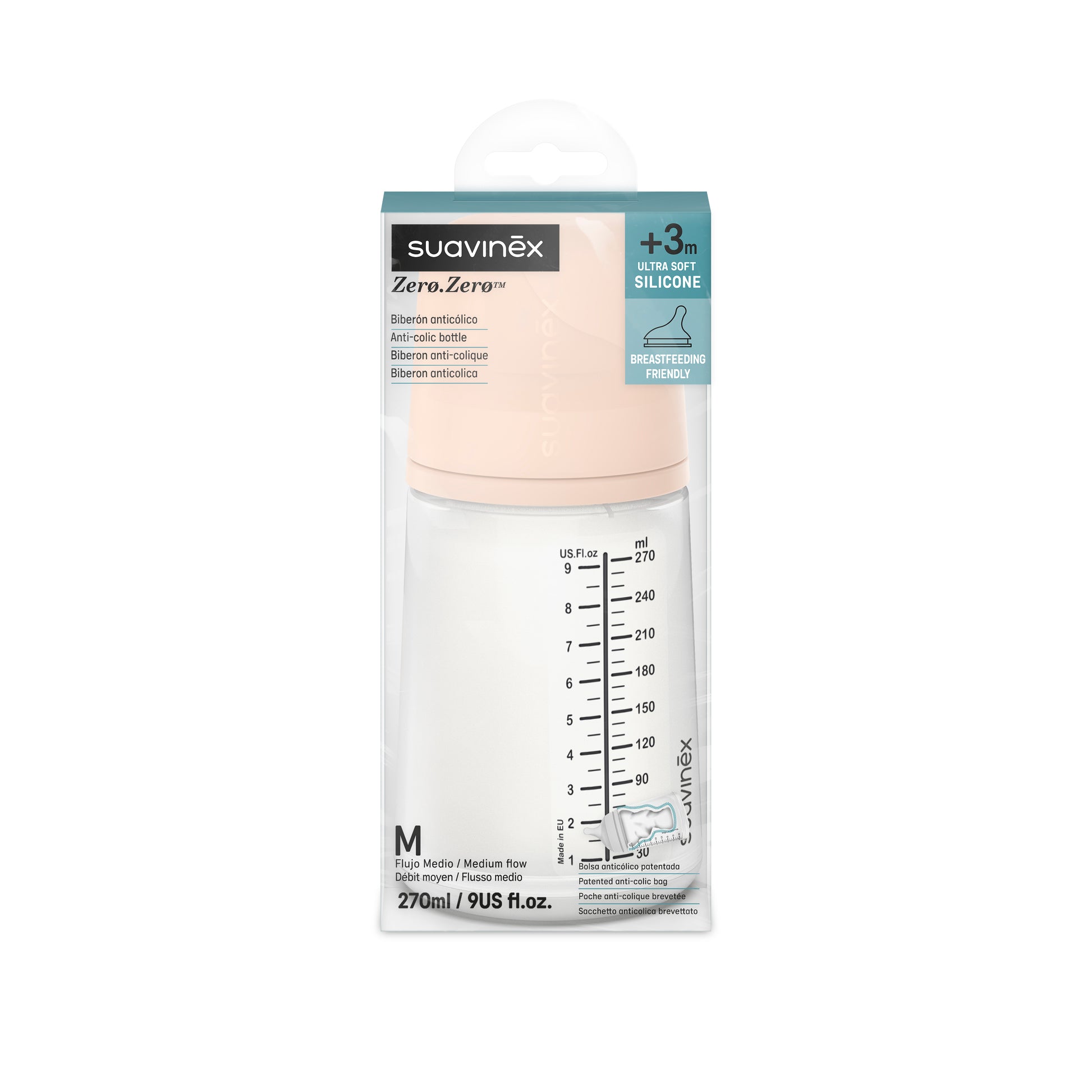 Se muestra un Biberón Anticólicos ZERO ZERO de Suavinex con tapa de color melocotón, perfecto para padres de Mallorca que buscan productos con entrega a domicilio allí. Tiene una capacidad de 270 ml (9 onzas líquidas estadounidenses), tiene marcas de medición y es ideal para bebés de 3 meses en adelante. El envase destaca su diseño de silicona ultra suave.