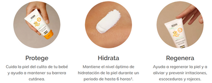 Un collage muestra una mano que sostiene BABYNATURALS ZN40 100ml de Isdin, una gota de crema sobre la piel y el tubo sobre un fondo blanco. El texto dice: Protege, Hidrata, Regenera. Disfruta de ofertas en productos de farmacia infantil con entrega gratis a domicilio en Mallorca.
