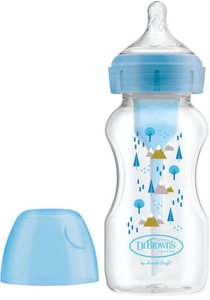El biberón boca ancha de 270 ml PP Options+ Tetina Nivel 2 de Dr. Brown’s presenta una cubierta de tetina azul y un diseño de montaña y árbol, diseñado para tu pequeño. ¡Encuentra este y otros productos para bebés con entrega gratis en Mallorca hoy!.