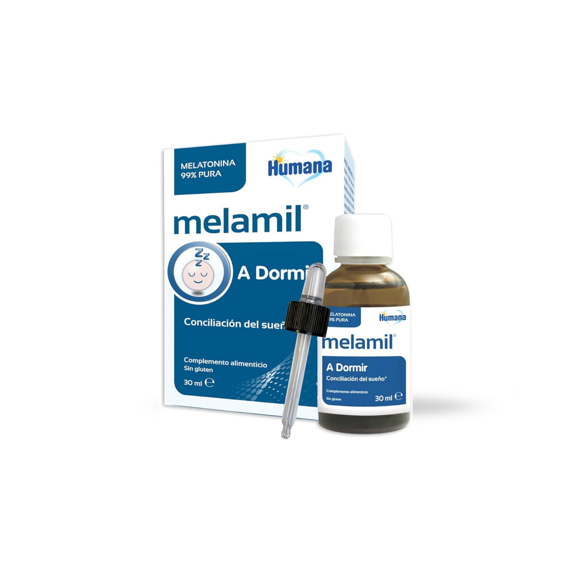 Melamil gotas de Humana baby, con melatonina para favorecer el sueño, incluye gotero y envase en caja. Ideal para quienes buscan ofertas en parafarmacia infantil.