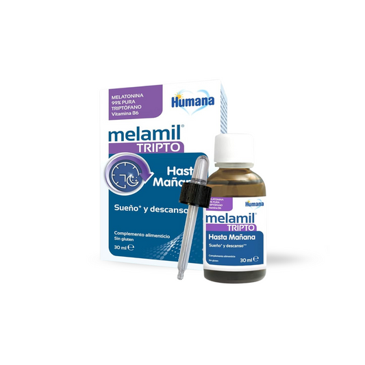 Melamil TRIPTO gotas, de Humana baby, es un complemento alimenticio a base de melatonina, triptófano y vitamina B6 para ayudar a conciliar el sueño. Perfecto para padres que buscan productos para bebés con entrega a domicilio en Mallorca, el práctico gotero simplifica las rutinas a la hora de dormir.