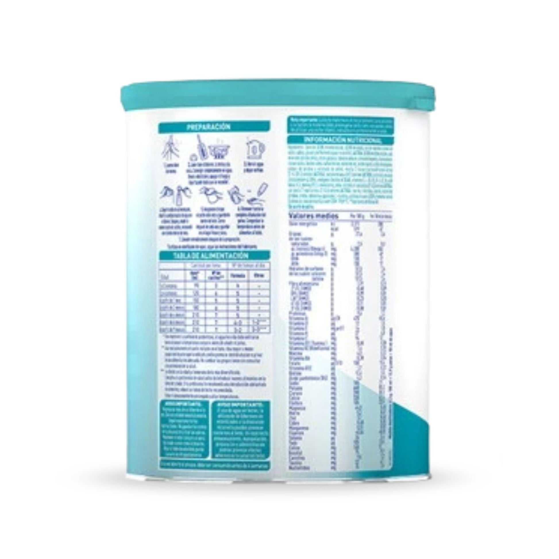 La imagen muestra la parte posterior de un envase de Nestlé Nan OPTIPRO 1 Leche de inicio, con información nutricional, instrucciones de preparación y una tabla de alimentación. El diseño incluye texto e íconos en azul y verde azulado sobre un fondo blanco. Explora las ofertas en parafarmacia infantil para encontrar la fórmula perfecta para tu bebé.