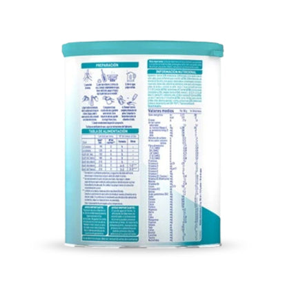 La imagen muestra la parte posterior de un envase de Nestlé Nan OPTIPRO 1 Leche de inicio, con información nutricional, instrucciones de preparación y una tabla de alimentación. El diseño incluye texto e íconos en azul y verde azulado sobre un fondo blanco. Explora las ofertas en parafarmacia infantil para encontrar la fórmula perfecta para tu bebé.