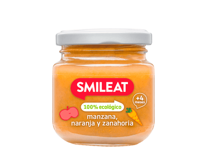 El tarrito de papilla Smileat Manzana, naranja y zanahoria tiene una tapa blanca. La etiqueta dice 100% ecológico con imágenes de manzana, naranja y zanahoria. Apta para bebés a partir de 4 meses, forma parte de nuestra amplia gama de productos para bebés con entrega gratis en Mallorca.