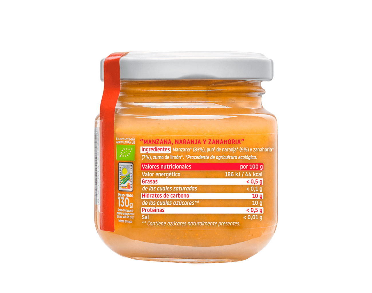 El tarrito de manzana, naranja y zanahoria de Smileat tiene una etiqueta luminosa con información nutricional e ingredientes, ideal para productos para bebés con entrega a domicilio en Mallorca. Contiene 130 g de puré de manzana, naranja y zanahoria y está cerrado con una cinta roja.