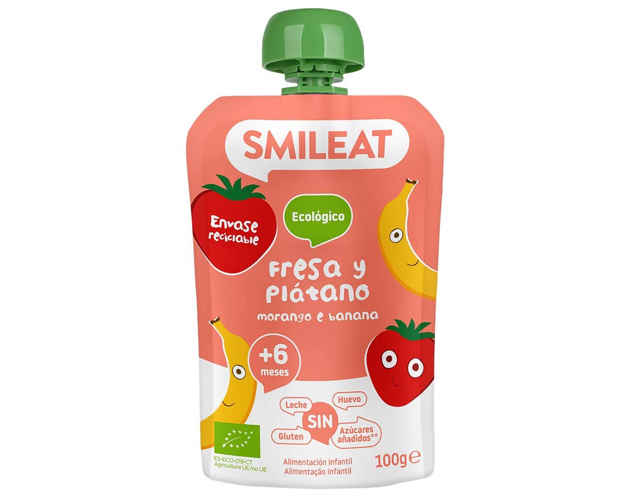 Descubre el SMILEAT - Pouch Fresa y Plátano Ecológico de Smileat para bebés mayores de 6 meses. Con fresas y plátanos, no contiene azúcares añadidos, gluten, leche ni huevos y viene en un envase reciclable, ideal para tu búsqueda de productos para bebés con entrega gratis en Mallorca.