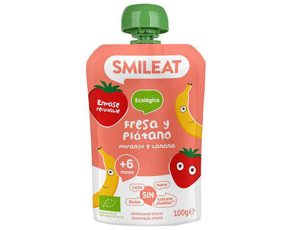 Descubre el SMILEAT - Pouch Fresa y Plátano Ecológico de Smileat para bebés mayores de 6 meses. Con fresas y plátanos, no contiene azúcares añadidos, gluten, leche ni huevos y viene en un envase reciclable, ideal para tu búsqueda de productos para bebés con entrega gratis en Mallorca.