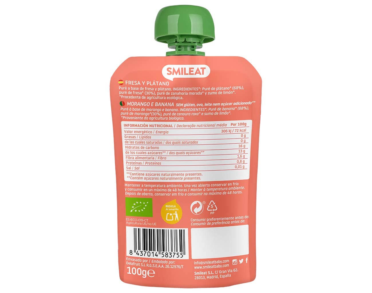 Vista posterior de Smileat - Pouch Fresa y Plátano Ecológico, ideal para padres que necesitan productos para bebés con entrega en Mallorca. El envase naranja con tapa verde muestra información nutricional e ingredientes en varios idiomas y logotipos de certificación ecológica en la parte inferior.