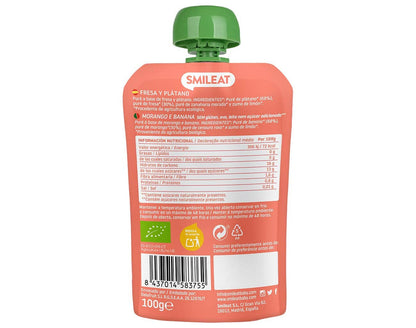 Vista posterior de Smileat - Pouch Fresa y Plátano Ecológico, ideal para padres que necesitan productos para bebés con entrega en Mallorca. El envase naranja con tapa verde muestra información nutricional e ingredientes en varios idiomas y logotipos de certificación ecológica en la parte inferior.