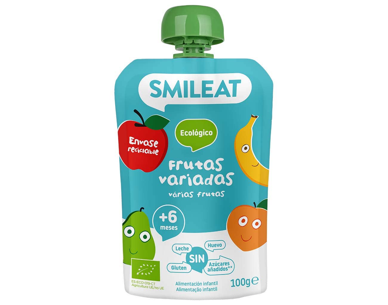 Una bolsa de puré de frutas orgánicas de la marca Smileat, llamada Smileat - Pouch Fruta Variada Ecológico, muestra frutas sonrientes y demuestra que es apta para niños de más de 6 meses. Es reciclable, no contiene leche, gluten, huevo ni azúcares añadidos. Aprovecha las ofertas en parafarmacia infantil para completar tu compra.