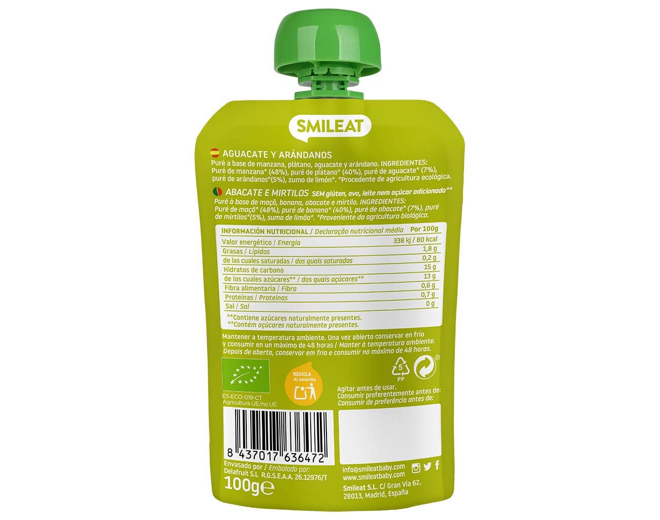 La bolsa verde con base de Smileat presenta la bolsa de aguacate y arándanos, que muestra los ingredientes de aguacate y arándanos, información nutricional, logotipos de certificación orgánica y detalles de contacto del fabricante. Es perfecta para quienes buscan productos para bebés con entrega gratis en Mallorca.