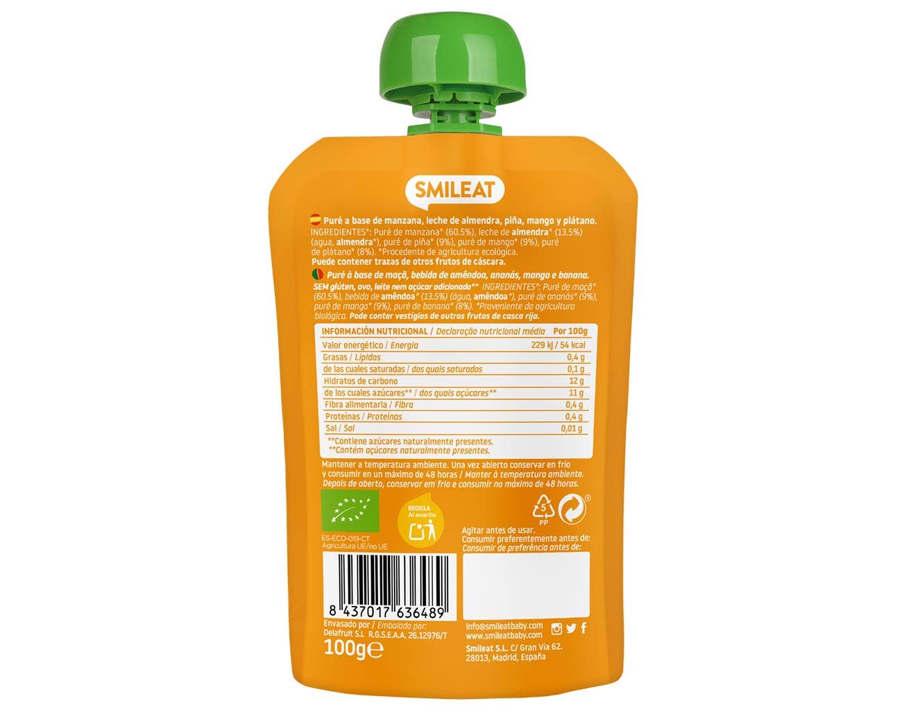 Una bolsita Smileat de 100 g con tapa verde que contiene puré de mango, piña y leche de almendras para la nutrición de tu bebé. Fabricada en Madrid, consulta la información nutricional en la parte inferior. ¡Aprovecha las ofertas en parafarmacia infantil para más productos como este!.