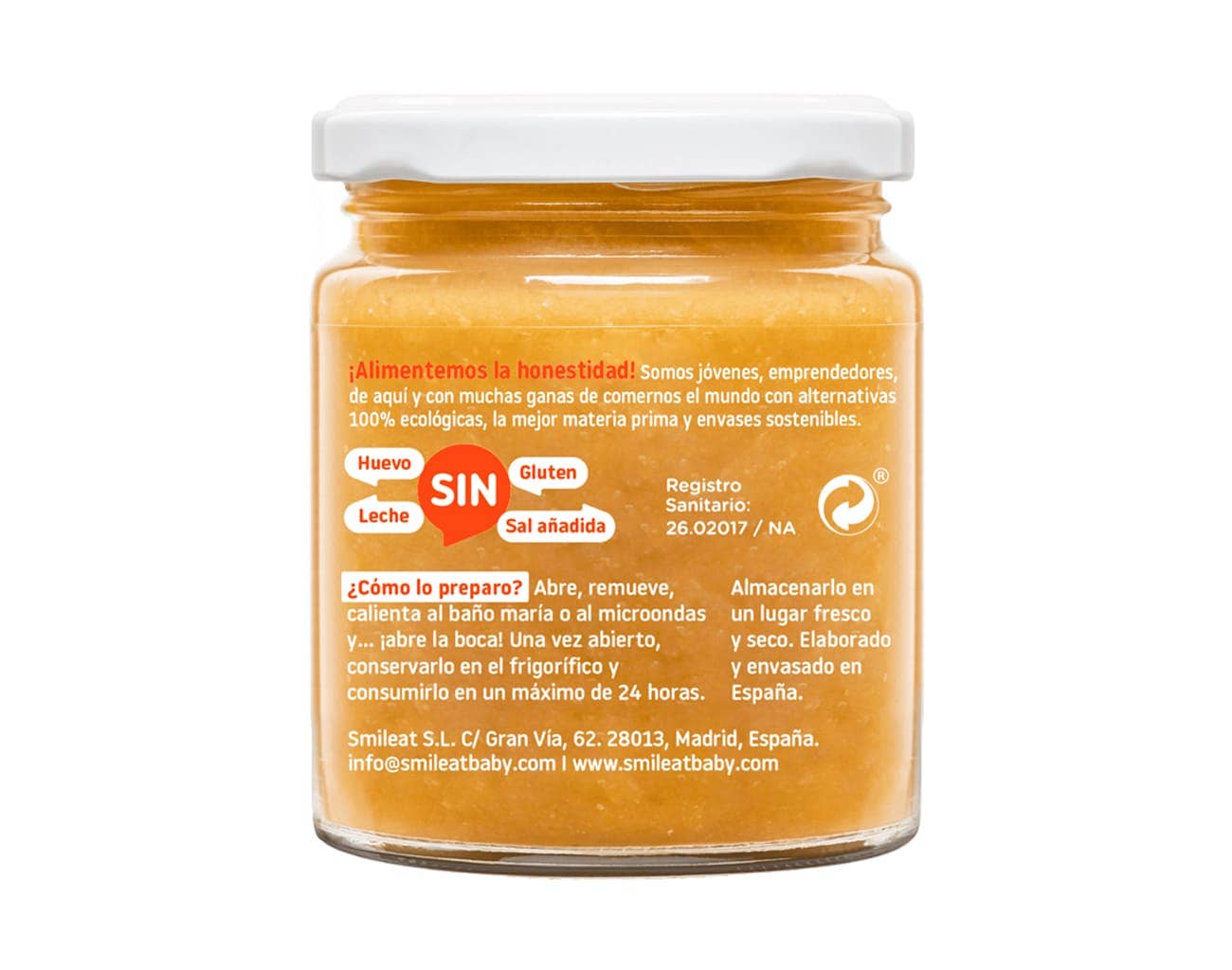 La papilla Smileat Calabaza y calabacín 230g Ecológica, con tapa blanca y texto en español, es ideal para quienes buscan comida a domicilio en Mallorca. No contiene huevo, gluten, leche ni sal añadida. Los detalles de preparación y conservación se encuentran en el envase.