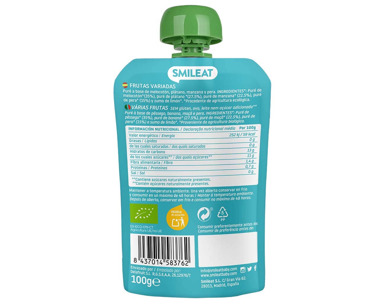 Una papilla Smileat - Bolsa Fruta Variada Ecológico de color azul, con tapón verde, muestra información nutricional y certificaciones en el reverso. Las Frutas Variadas de 100 g combinan con nuestros productos para bebés con entrega gratis en Mallorca para obtener una solución parental completa.
