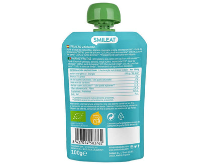 Una papilla Smileat - Bolsa Fruta Variada Ecológico de color azul, con tapón verde, muestra información nutricional y certificaciones en el reverso. Las Frutas Variadas de 100 g combinan con nuestros productos para bebés con entrega gratis en Mallorca para obtener una solución parental completa.