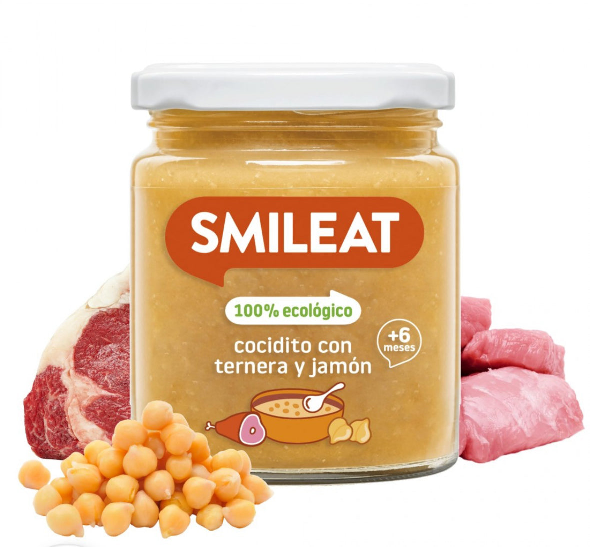 Tarrito de cocidito con ternera y jamón 230g de Smileat, marcado como 100% ecológico para bebés a partir de 6 meses, con ternera, jamón y garbanzos. Disfruta de ofertas en parafarmacia infantil para más productos disponibles con envío gratis a Mallorca.