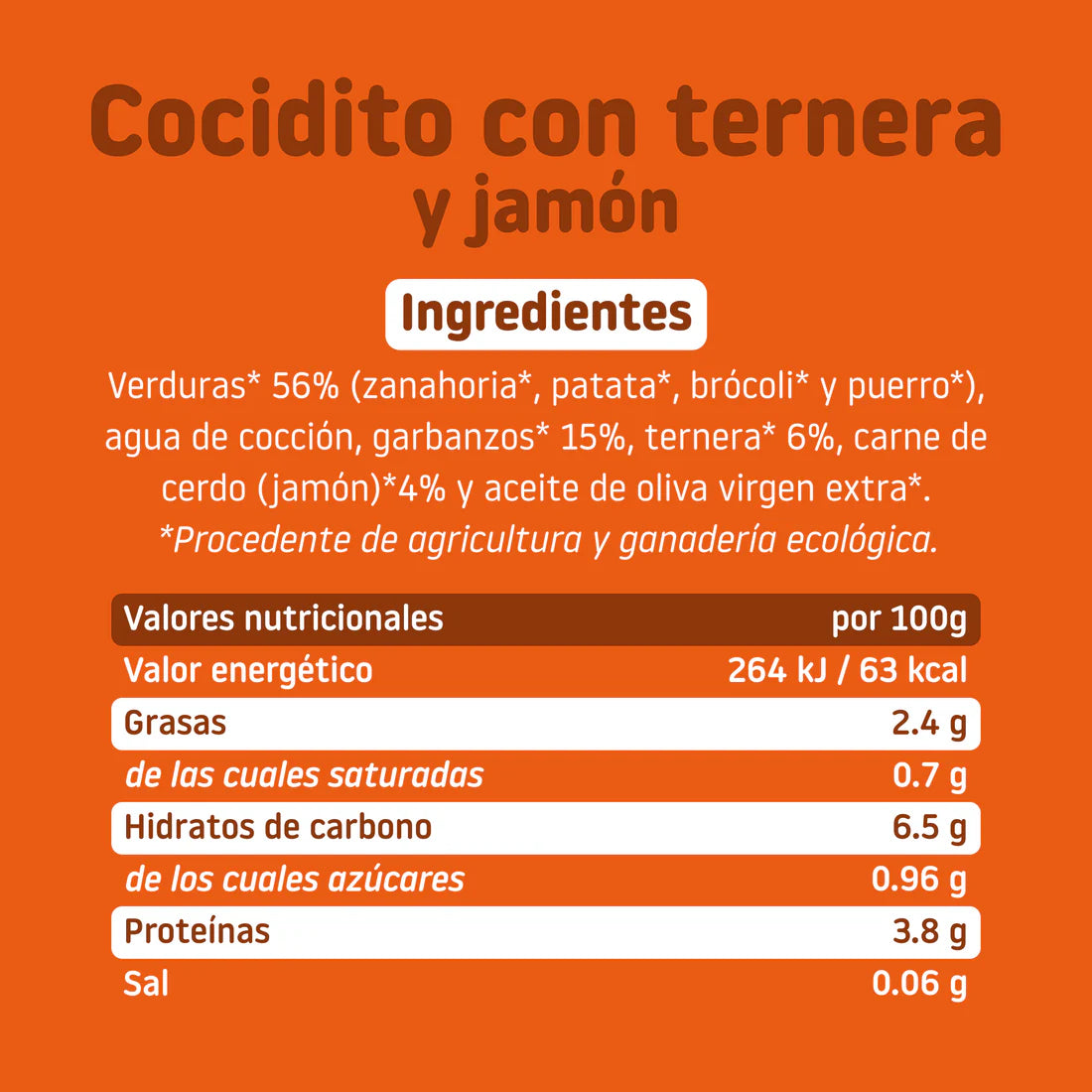 La etiqueta nutricional naranja del Tarrito de cocidito con ternera y jamón de Smileat muestra una mezcla nutritiva de zanahorias, patatas, brócoli, puerros, garbanzos, ternera y jamón. Con solo 63 kcal por ración de 100 g, es una opción saludable. Aprovecha las ofertas en parafarmacia infantil para obtener los elementos básicos de la despensa.