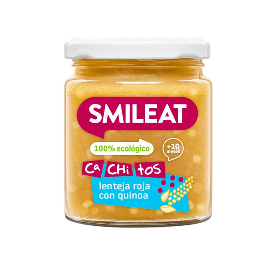 Un tarro Smileat con la etiqueta CA-CHI-TOS de Lenteja Roja con Quinoa Ecológico contiene lentejas rojas orgánicas con quinoa para bebés mayores de 10 meses. Tiene una tapa blanca y una marca colorida. Explora más productos para bebés con entrega gratis en Mallorca para una mejor experiencia de compra.