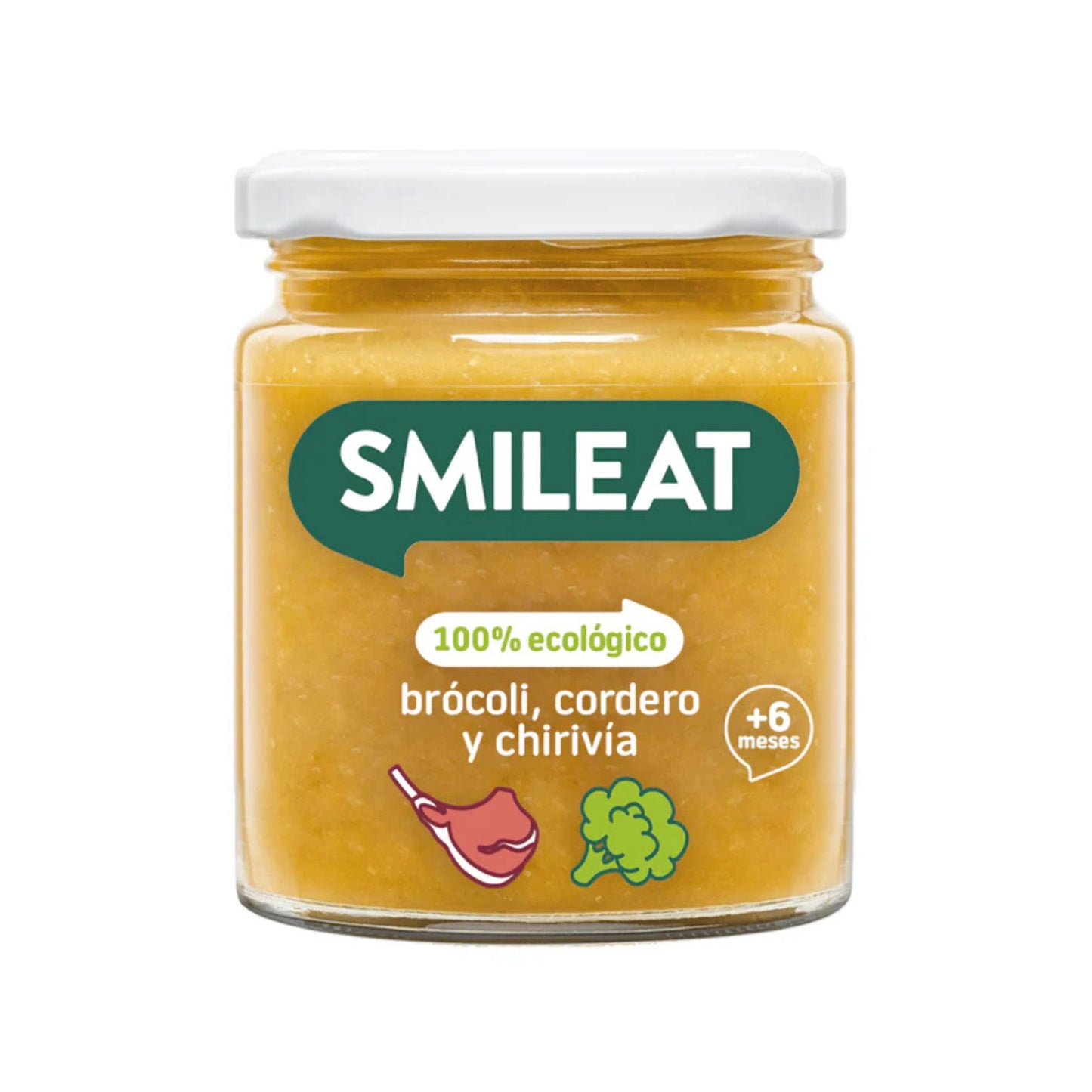 El tarrito de papilla Smileat - Brócoli, Cordero y Chirivía Ecológico 230g cuenta con tapa blanca y etiqueta verde con la leyenda 100% ecológico e iconos de chuleta de cordero y brócoli. Ideal para bebés de 6+ meses, complementa cualquier producto para bebés con entrega gratis en Mallorca.