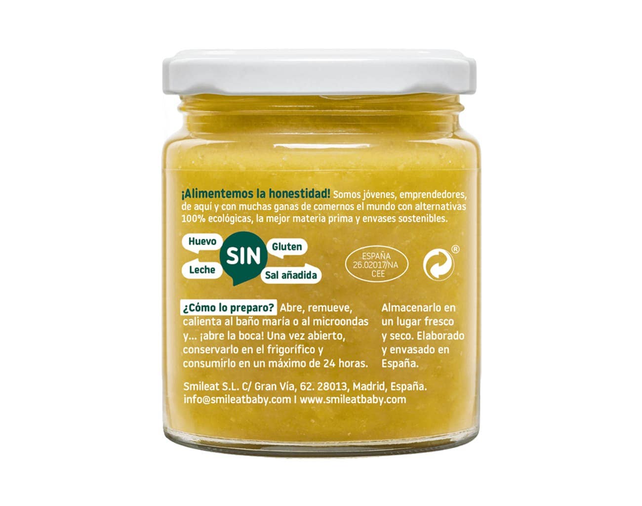 El tarrito Smileat - Brócoli, Cordero y Chirivía 230g Ecológico tiene una etiqueta española que indica que no contiene huevo, leche, gluten ni azúcar añadido. Incluye instrucciones de preparación e información de contacto para entregas de productos para bebés gratis en Mallorca.