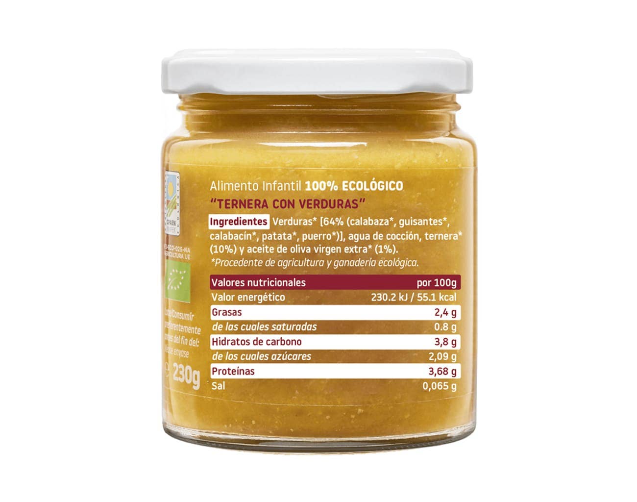 Smileat Ternera con verduras 230g Ecológico es un tarrito de comida ecológica para bebés etiquetado en español, ideal para padres en Mallorca que buscan opciones de comidas convenientes.