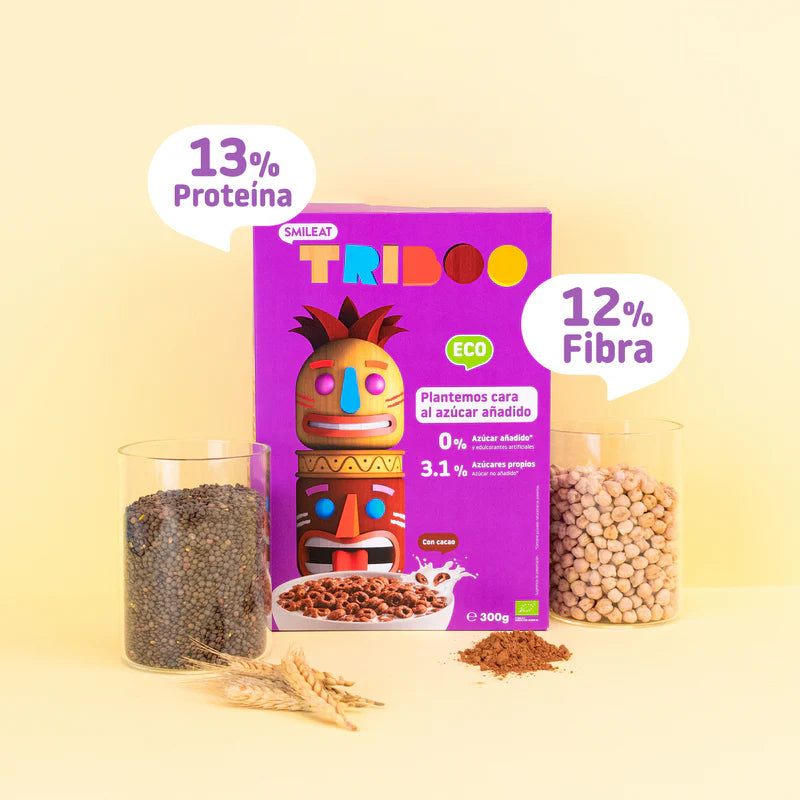 cereales triboo con cacao y botes con semillas de cereales