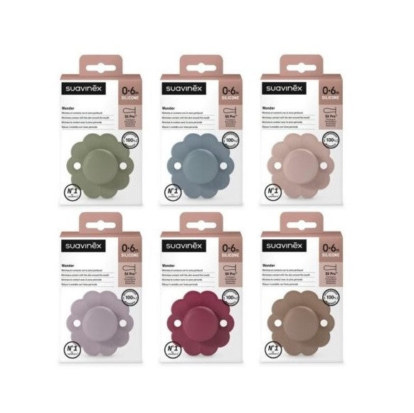 Suavinex ofrece seis packs de Chupete WONDER tetina fisiológica sx pro INTENSE en verde, gris, rosa, morado, beige y marrón claro. Diseñados para bebés de 0 a 6 meses con un estampado floral, son ideales para quienes buscan chupetes para bebés elegantes y asequibles.