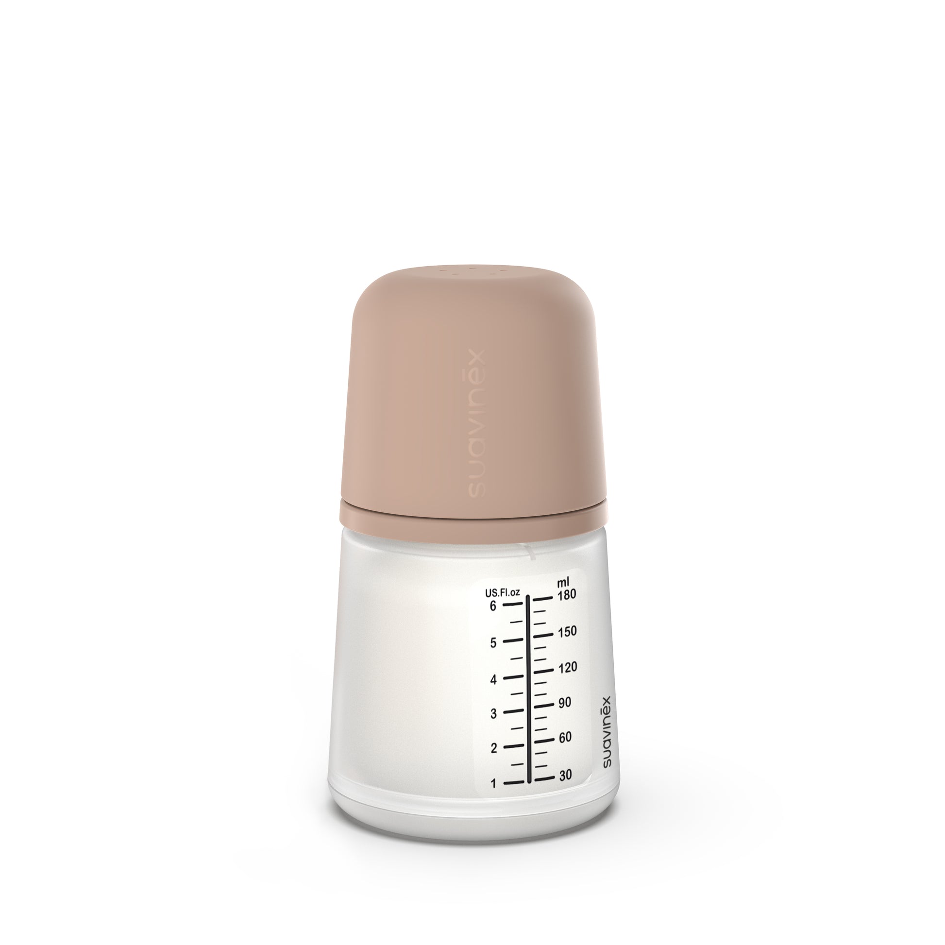 El Biberón Anticólicos ZERO ZERO 180 ml +0m Flujo Adaptable(A) de Suavinex ofrece una tapa de color beige, con marcajes de mililitros (hasta 150 ml) y onzas (hasta 5 oz).